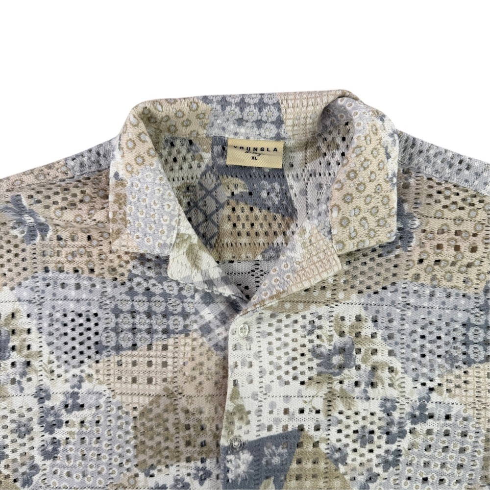 YoungLA CrochetMen Shirt XL Multi Color Patchwork Knit  Button Down 4169